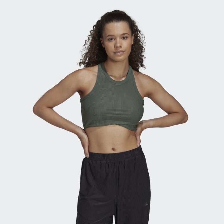 Adidas Yoga Studio Débardeur Côtelé Enveloppé Vert Oxyde
