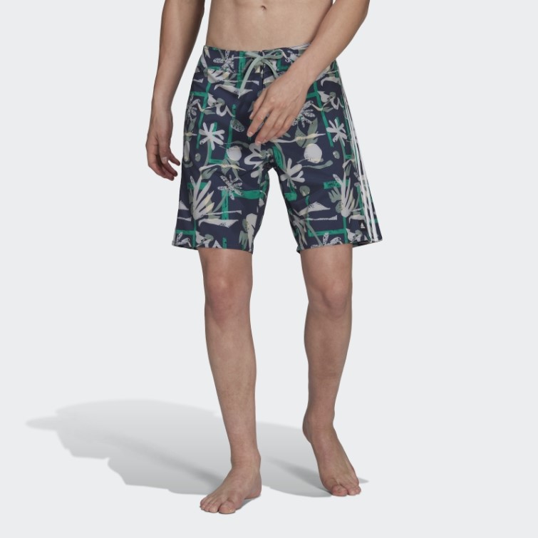 Adidas Bleu Marine Short De Plage Technique Fleuri Saisonnier