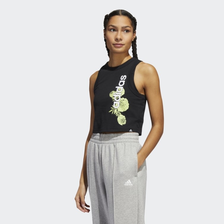 Adidas Superhero Floral Graphique Crop Muscle Tank Noir