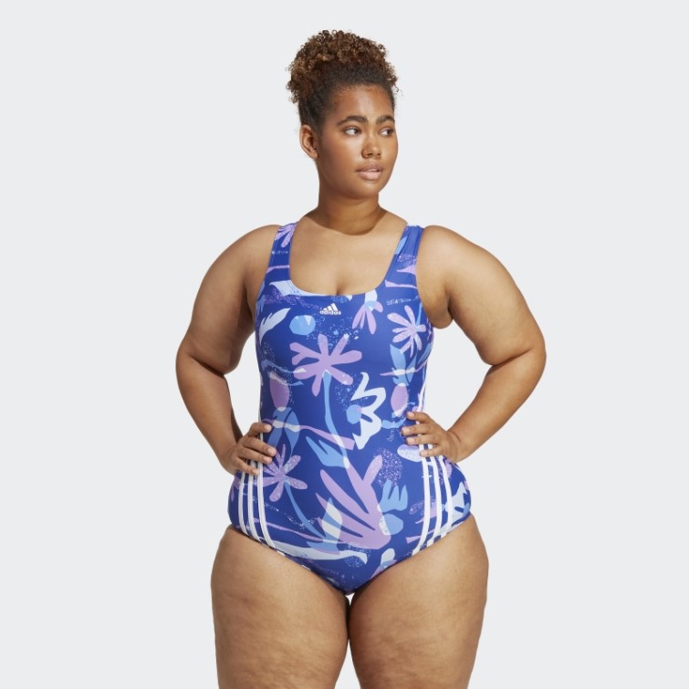 Maillot De Bain Fleuri 3 Bandes (grande Taille) Bleu Adidas