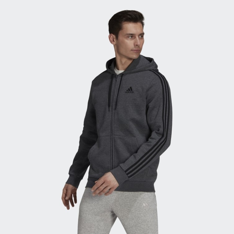 Adidas Sweat à Capuche Zippé Gris Foncé Chiné Essentials Polaire 3 Bandes