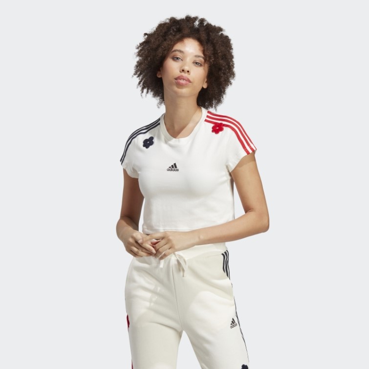 T-shirt Court Blanc à 3 Bandes Avec Patchs De Fleurs En Chenille Adidas