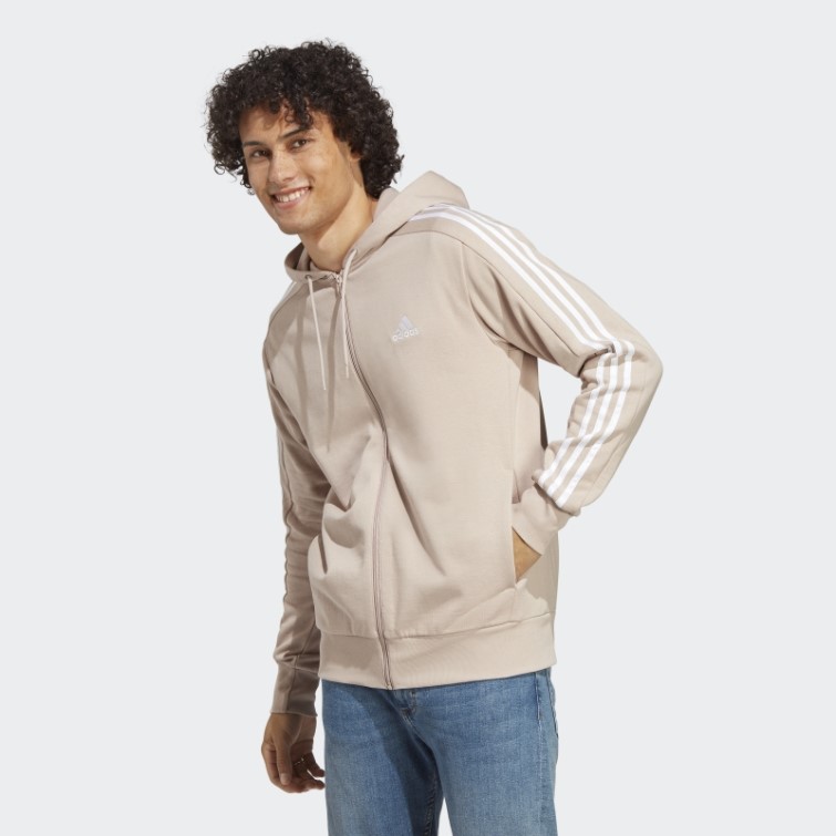 Adidas Taupe Essentials Sweat à Capuche Zippé à 3 Bandes En Tissu éponge Français