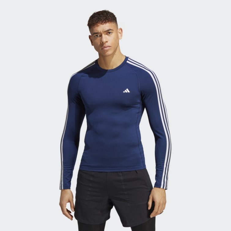 Adidas Techfit 3-stripes Training T-shirt Manches Longues Bleu Foncé