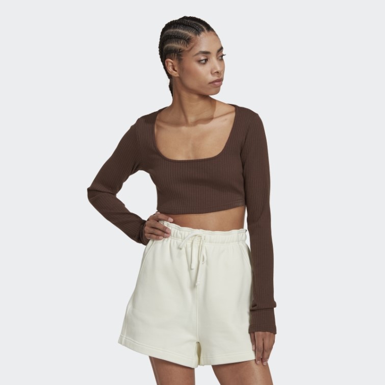Studio Lounge T-shirt Court Côtelé à Manches Longues Adidas Marron