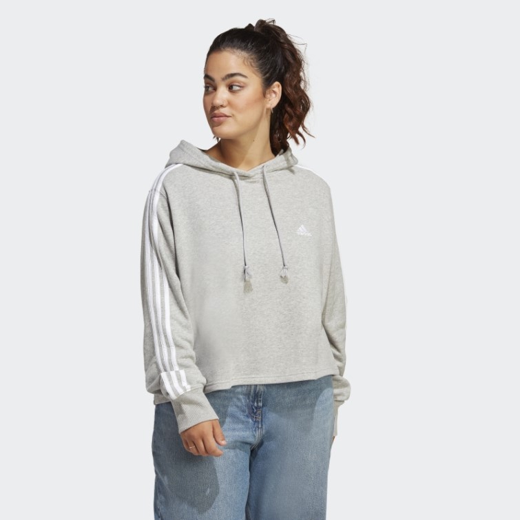 Sweat à Capuche Court En Molleton à 3 Bandes Essentials (taille Plus) Adidas Gris Moyen