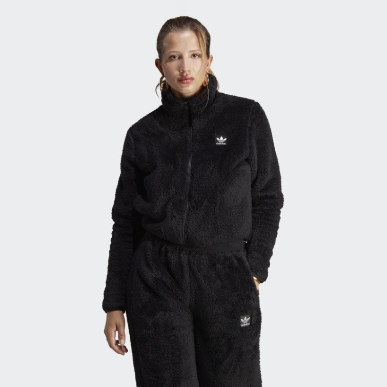 Adidas Essentials+ Fluffy Teddy Slim Zip Haut Noir