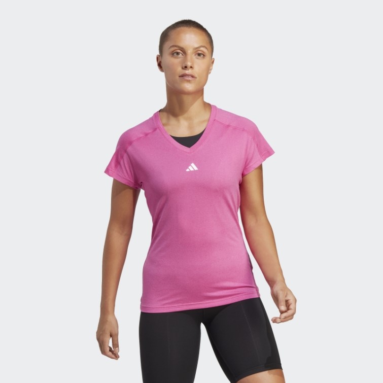 Adidas Aeroready Train Essentials T-shirt à Col En V à Logo Minimal Fuchsia
